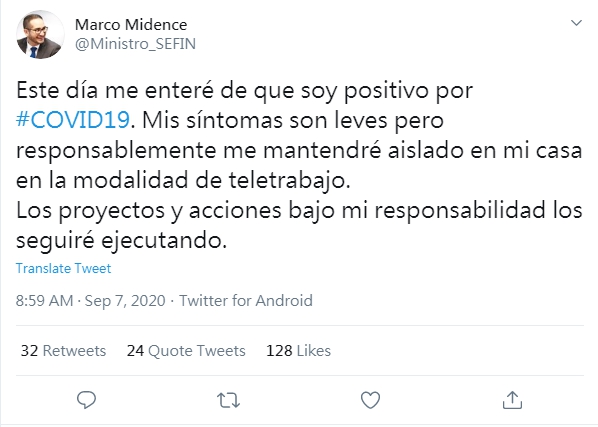台灣邦交國宏都斯拉的新任財政部長米德斯(Marco Midence) 6日表示，自己確診2019年冠狀病毒疾病(COVID-19，武漢肺炎)，有「輕微」症狀。(推特)