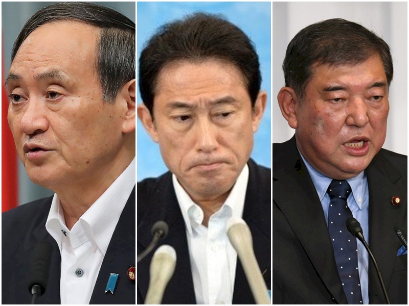 日本執政黨自民黨8日公告新任總裁選舉，菅義偉、岸田文雄、石破茂等3人登記參選角逐總裁寶座，結果預計14日出爐。(AFP/合成圖)