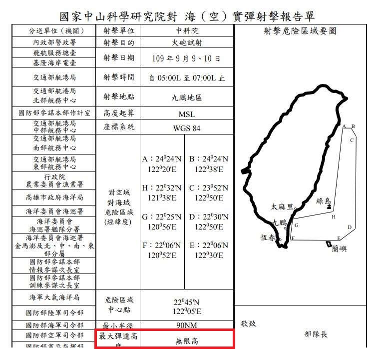 中科院今天(9日)、明天(10日)上午在台灣東部海域實彈射擊，由於最大彈道高度為「無限高」。(圖擷取自交通部航港局)