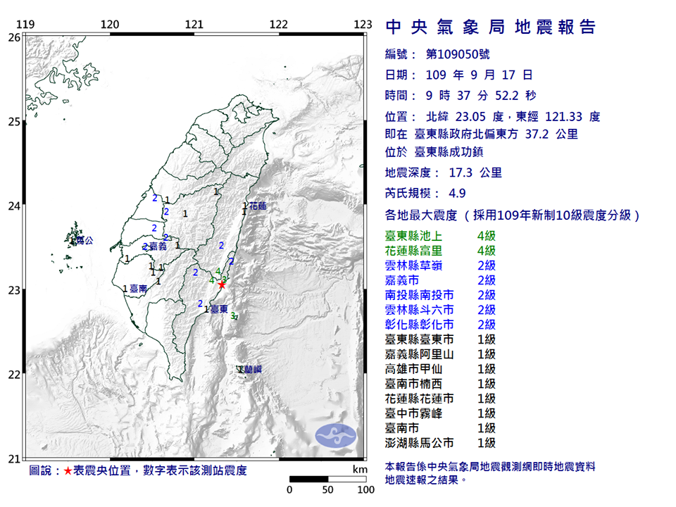 台東縣成功鎮今天(17日)上午9時37分，發生芮氏規模4.9的淺層地震。(中央氣象局提供)