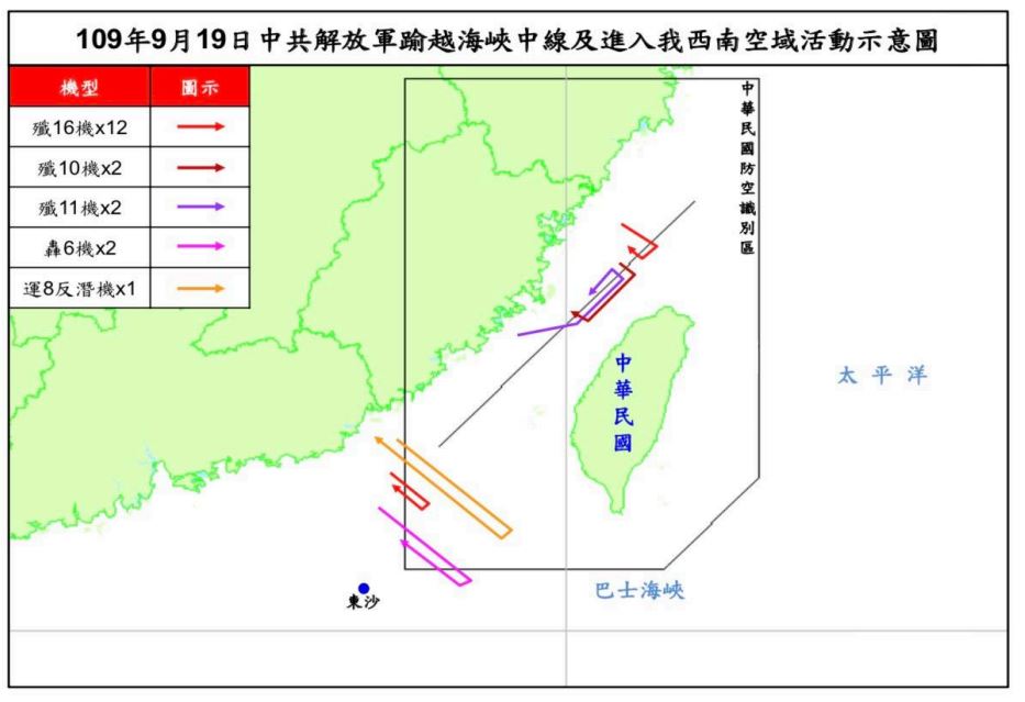 共軍19日上午共有19架軍機逾越海峽中線並進入台灣西南及西北空域。(圖：國防部)