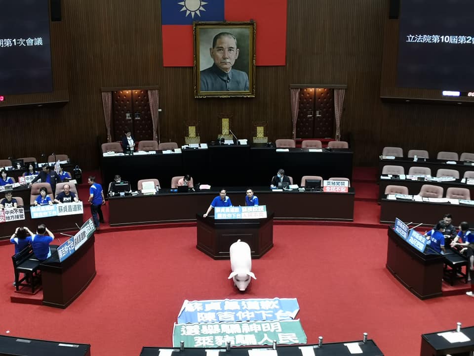 為力擋瘦肉精美豬，國民黨團一早霸占質詢、備詢台及官員席，要求蘇揆為開放美豬進口道歉，杯葛行政院長的施政報告。（劉玉秋攝）