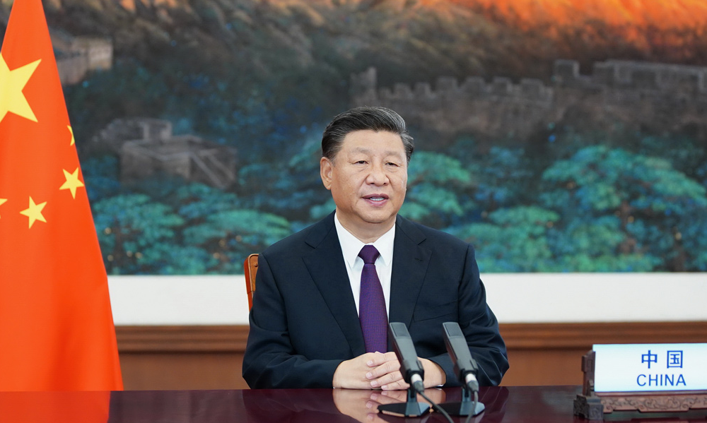 中國國家主席習近平推出「2035年遠景目標」，有其政治上的盤算。圖為習近平在聯合國成立75年紀念峰會上發表視訊談話。圖:中國政府網