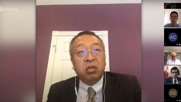 余茂春出席一場加拿大舉辦的國際線上論壇，談香港和解放軍。(視訊截圖/自由亞洲電台)