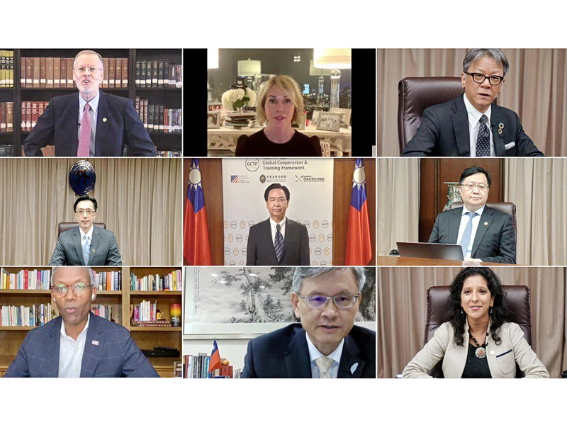 台美日首度在聯大期間舉辦GCTF視訊工作坊，AIT處長酈英傑、美國駐聯合國常任代表克拉夫特、日台交流協會副代表橫地晃、外交部長吳釗燮等人參與連線致詞 (外交部提供)