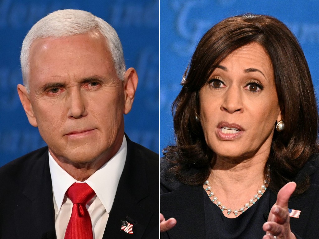 美國副總統彭斯(Mike Pence)和民主黨挑戰者賀錦麗(Kamala Harris)，7日展開美國大選中唯一一場的副總統電視辯論會。(合成圖/AFP)
