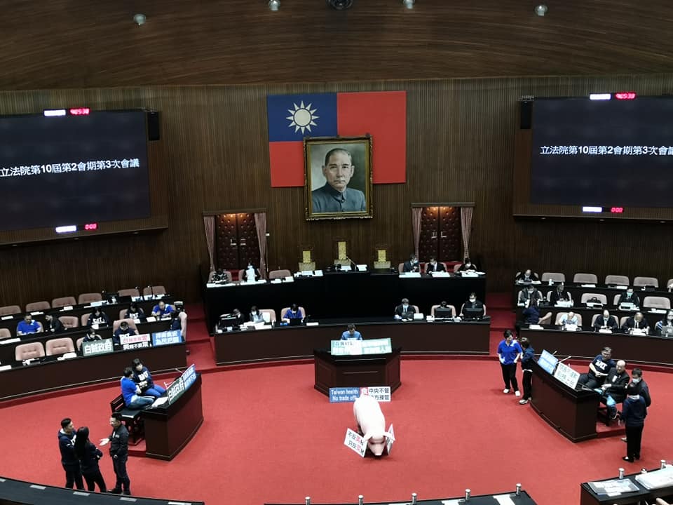 立法院持續上演美豬攻防戰。國民黨立院黨團因不滿行政院長蘇貞昌至今未對開放萊豬進口道歉，今天(13日)占據立法院議場官員席、備詢台及發言台，再度杯葛蘇貞昌的施政報告。（劉玉秋攝）