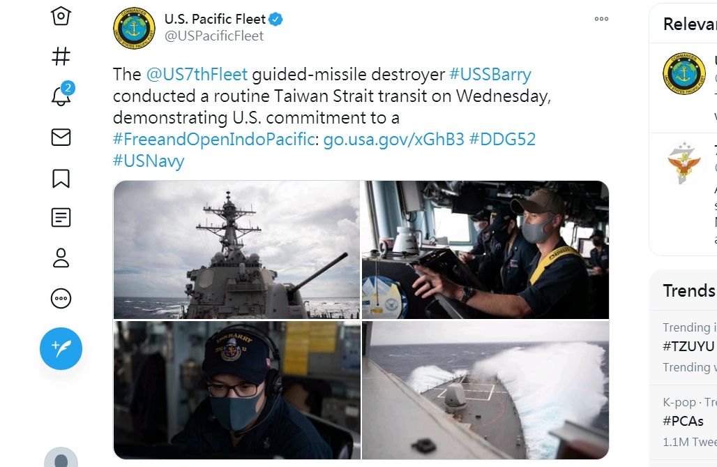 美國海軍太平洋艦隊14日發布消息，證實飛彈驅逐艦貝瑞號(USS Barry，DDG 52)14日航行經過台灣海峽。(圖:推特)
