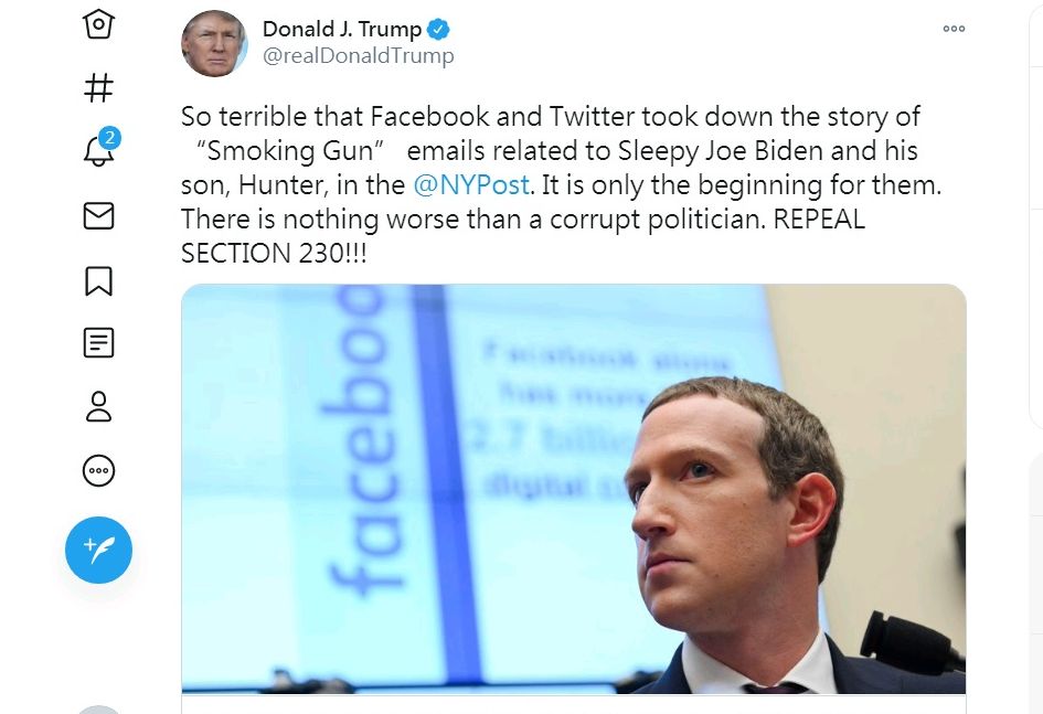 美國總統川普14日譴責臉書(Facebook)和推特(Twitter)，因為這兩大社群媒體阻止對紐約郵報(New York Post)一則報導的連結。(圖:推特)