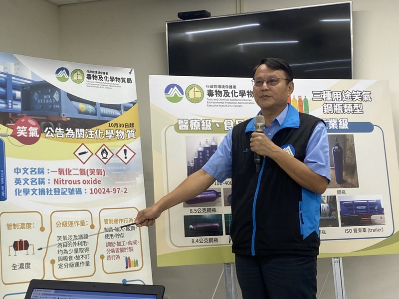 行政院環境保護署30日舉辦「笑氣管定了！公告第一個關注化學物質上路」記者會，環保署毒物及化學物質局長謝燕儒會中表示，毒性及關注化學物質管理法在1月生效，笑氣將是首個被列管的關注化學物質，只要是製造、輸入、販賣、使用、貯存笑氣業者都需受到管制。(圖：中央社)