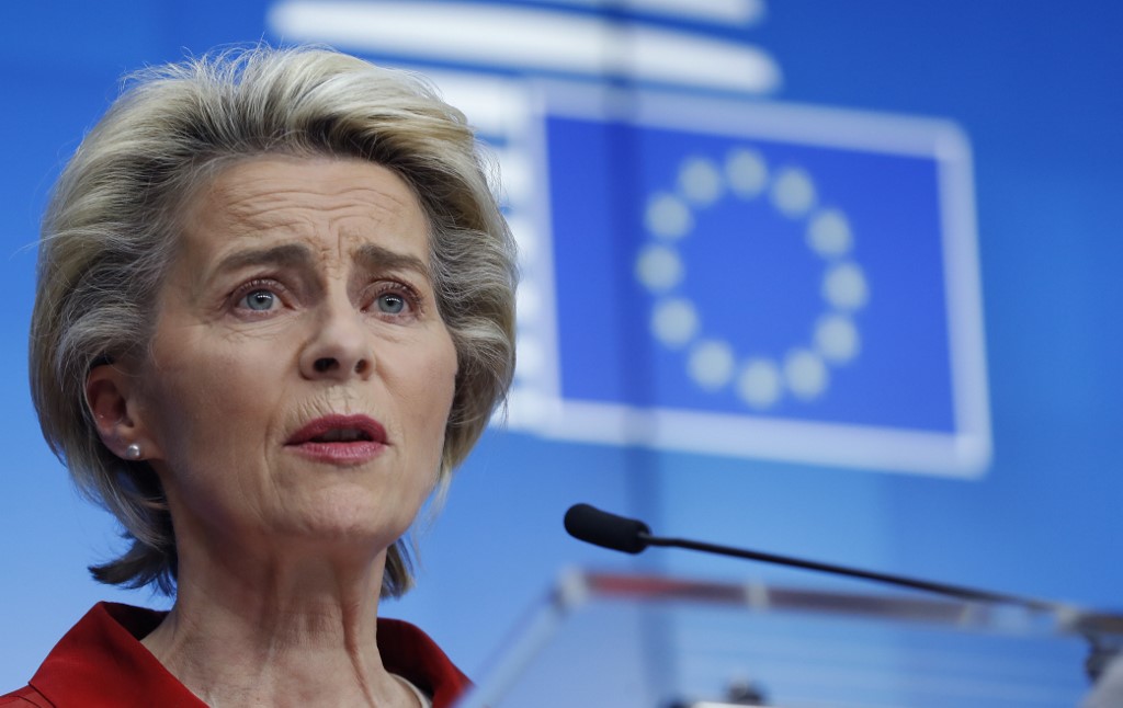 歐洲聯盟執行委員會(European Commission)主席范德賴恩(Ursula von der Leyen)23日表示，他們保證在7月底以前，可以取得足夠數量的新冠病毒疫苗，能為70%的歐洲成人接種。 (資料照/AFP)