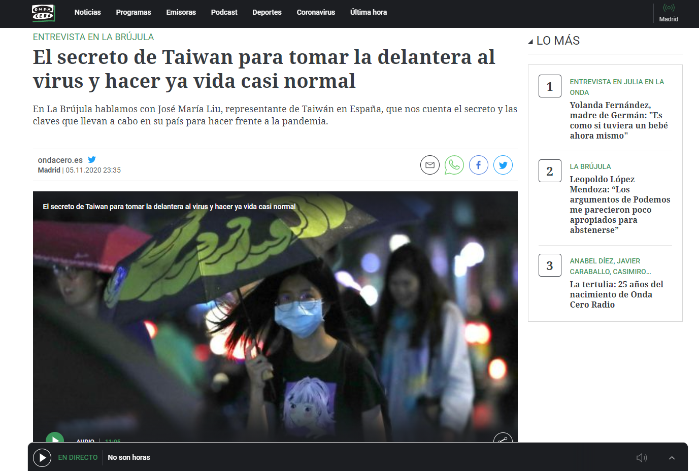 駐西班牙代表處劉德立大使接受西班牙前三大廣播電臺「零微波」現場電話專訪，籲請支持將臺灣完整納入世衛體系。圖取自www.ondacero.es
