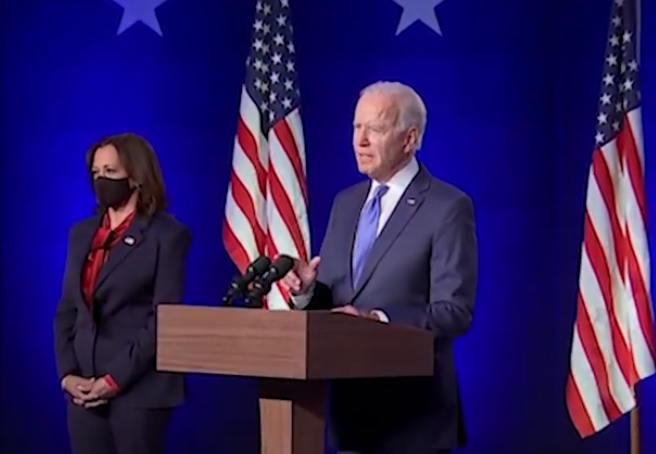 美國民主黨總統候選人拜登(Joe Biden)在數個關鍵搖擺州的選票超車領先後，6日晚上再次發表公開談話稱已邁向勝選，且已與團隊思考施政腳步，並盼美國民眾能團結。圖:Joe Biden FB