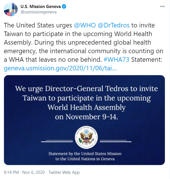 美國駐日內瓦聯合國代表團推文挺台參與WHA。 (圖:推特)