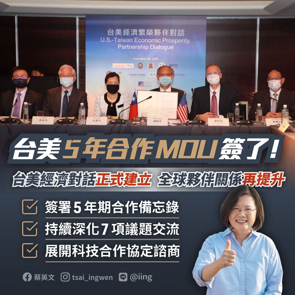 台美經濟繁榮夥伴對話落幕，簽訂為期5年的合作瞭解備忘錄(MOU)，蔡英文總統21日透過臉書感謝台美雙方參與人士的努力。(蔡英文臉書)