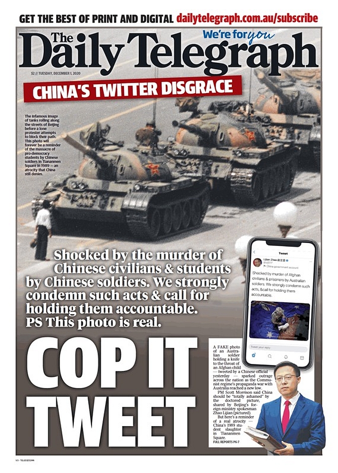 澳洲每日電訊報以頭版方式貼出六四坦克人照片，回擊中國外交部發言人趙立堅的造假圖片。圖:Twitter