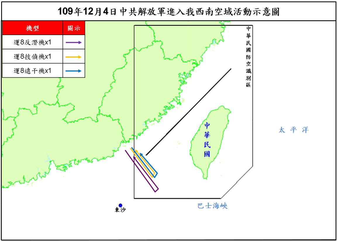 空軍4日發布共機動態，共軍一架運8反潛機、一架運8技術偵察機，一架運8遠干機侵犯台灣西南防空識別區。(圖：國防部)