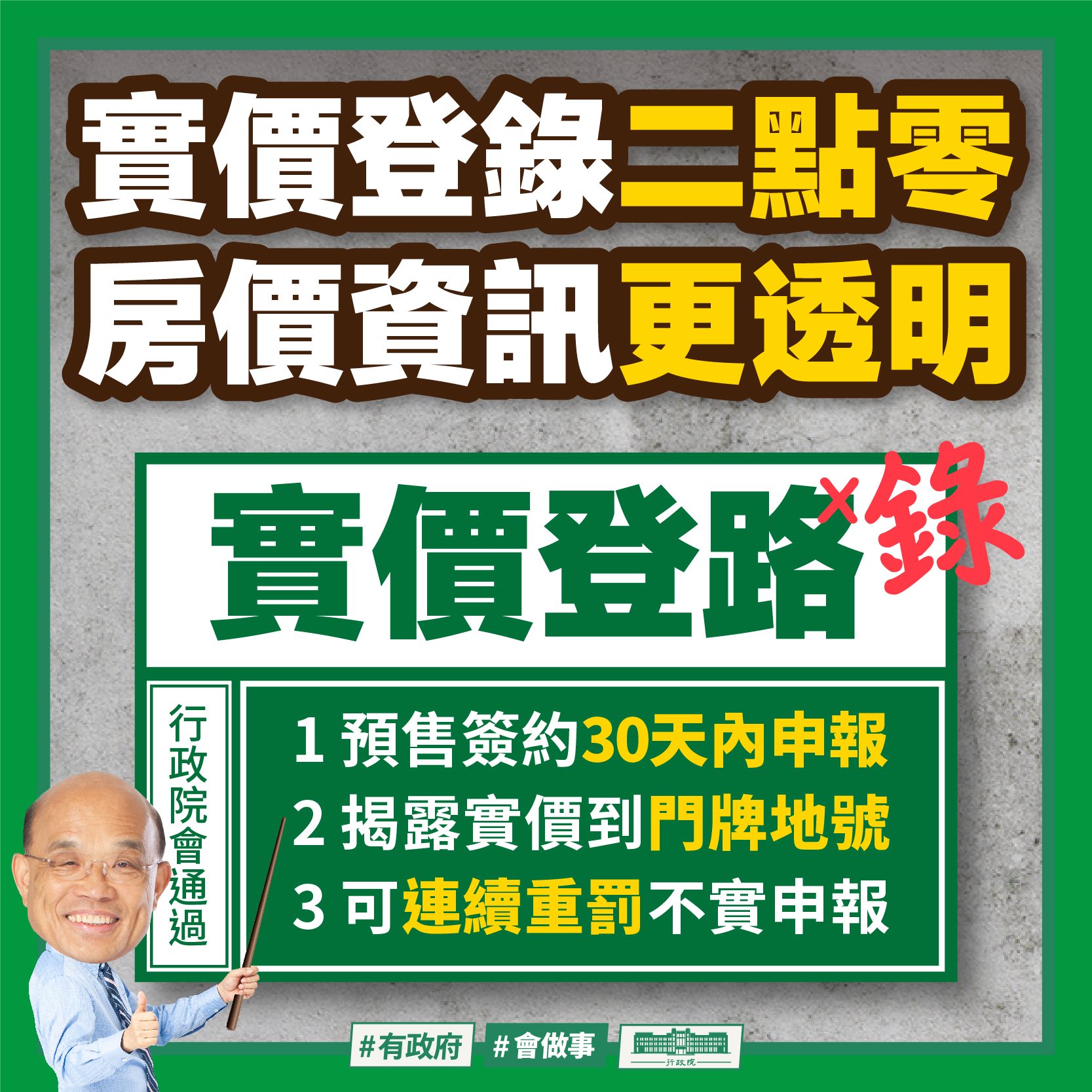 行政院會10日通過「實價登錄2.0」修法草案，將房屋交易資訊揭露至門牌。(圖:蘇貞昌臉書)