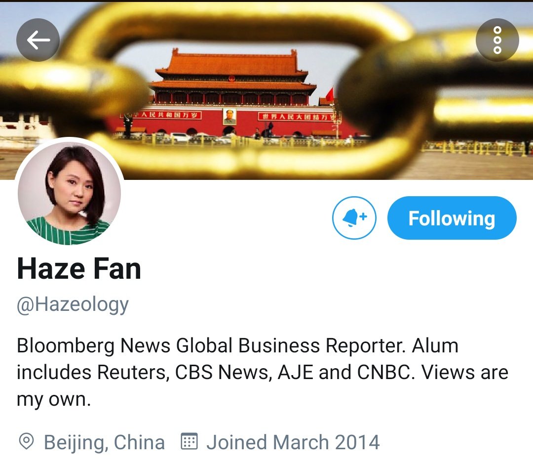美國媒體彭博社(Bloomberg)11日報導，中國當局已逮捕彭博駐北京新聞處的一名中國籍女性員工，指控她危害國家安全。圖為遭捕員工范若伊(Haze Fan)。(推特)