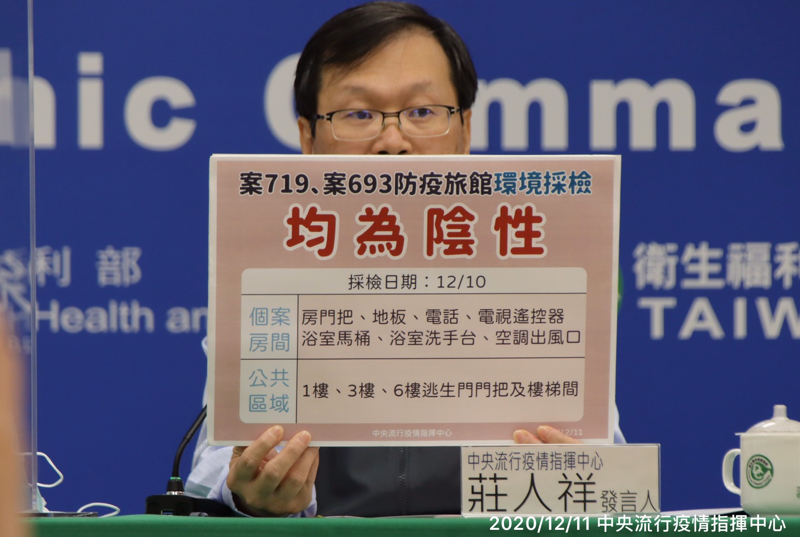 莊人祥表示，指揮中心採檢染疫台商所住旅館環境與所有工作人員，檢驗結果全為陰性。(指揮中心提供)