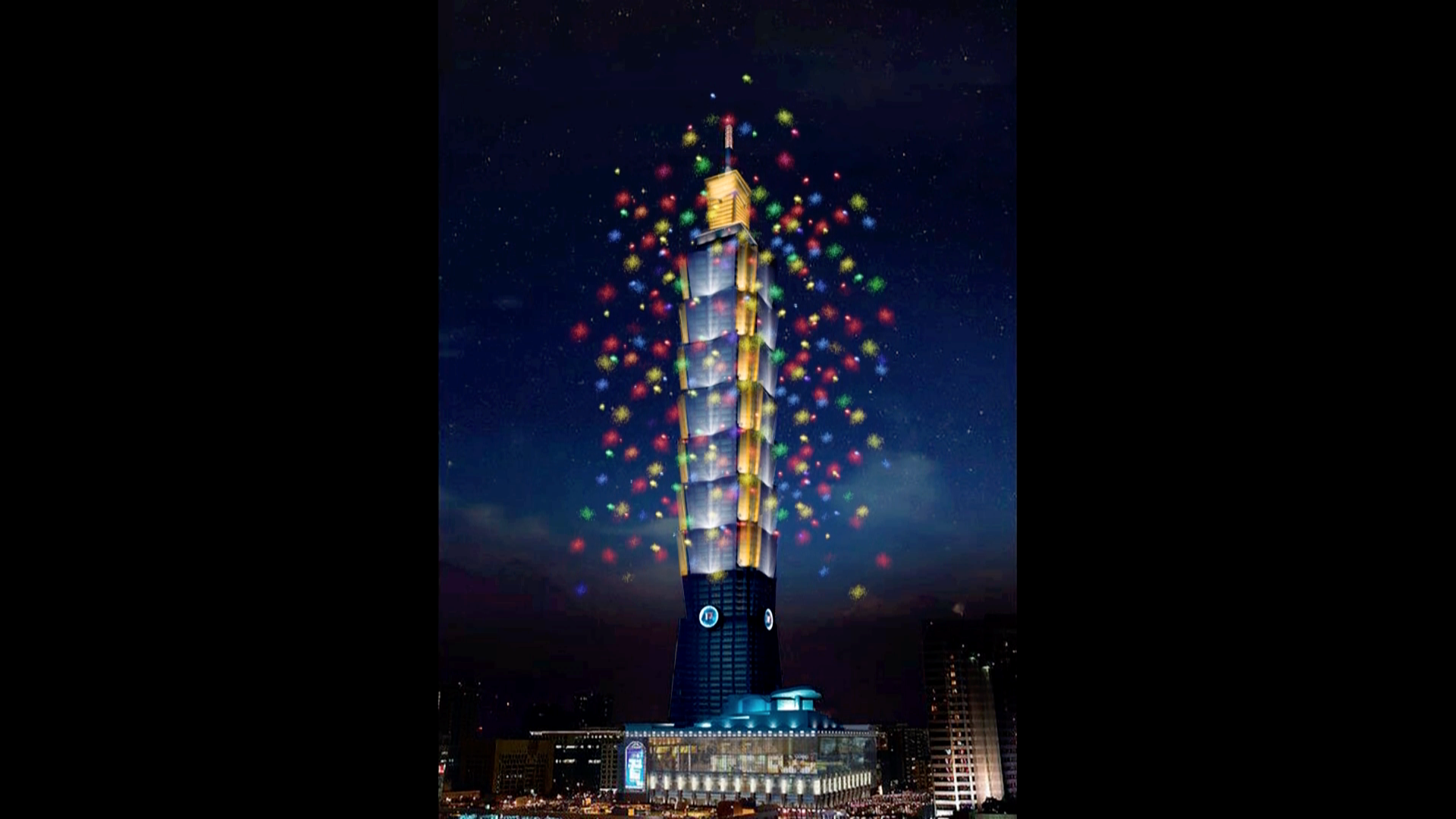 台北101公布2021年跨年煙火動畫，採用「360度立體輪狀煙火」作獨特演出。(台北101提供)