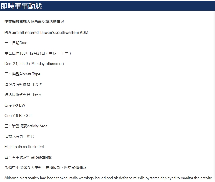 空軍今天(21日)發布共機動態，共軍1架運9通信對抗機、1架運8技術偵察機下午侵犯台灣西南防空識別區（ADIZ）。(國防部官網)