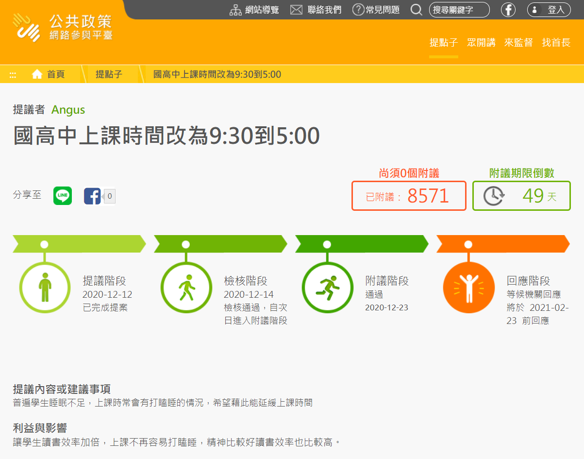 網友在公共政策網路參與平台提案，將國高中上課時間改成上午9時30分開始，連署通過附議門檻。(圖擷自公共政策網路參與平台)