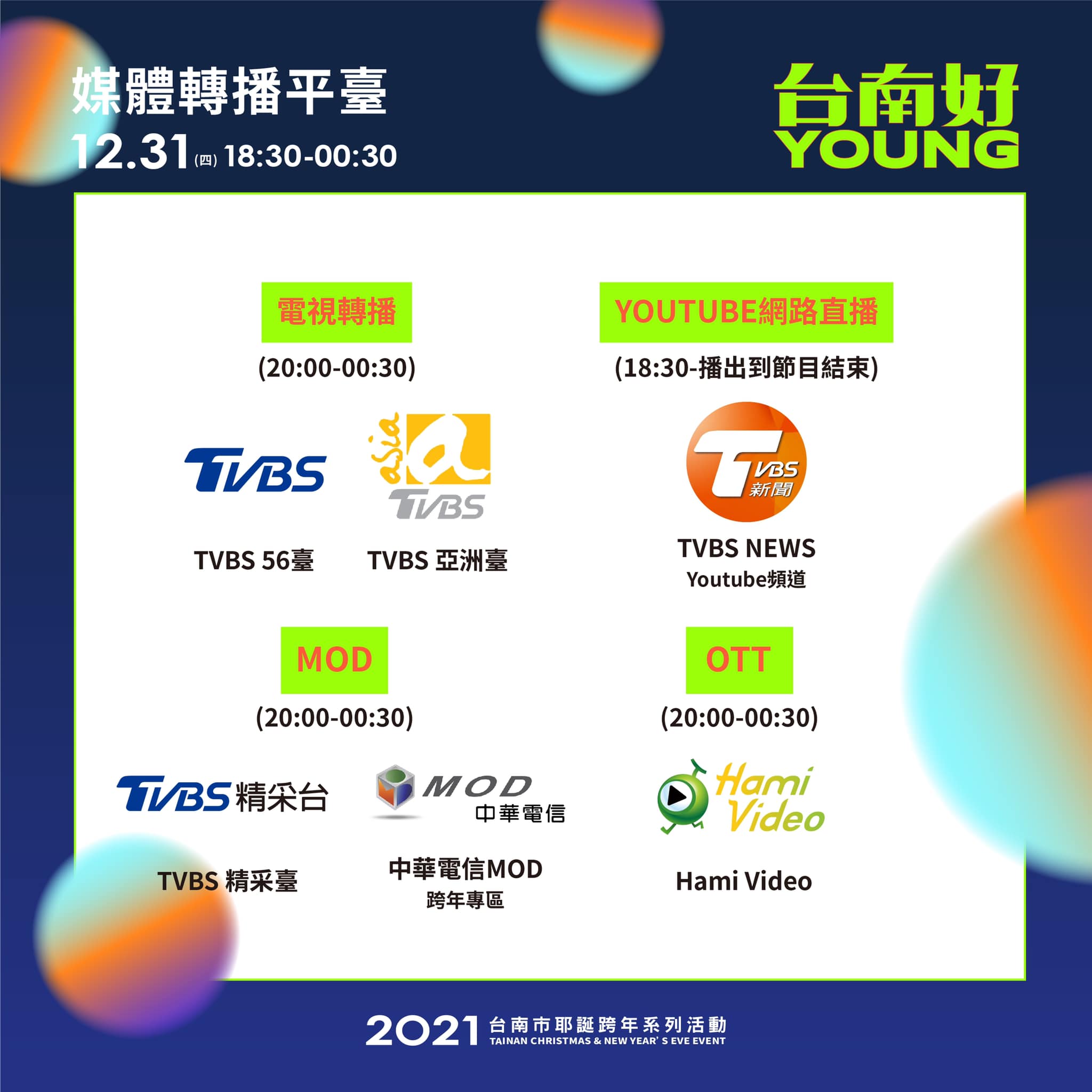 台灣出現首例英國COVID-19變種病毒，桃園市、台南市及基隆市30日晚間先後宣布，31日跨年活動取消民眾進場觀賞表演，改採線上轉播。圖為台南好Young耶誕跨年轉播資訊(臉書)