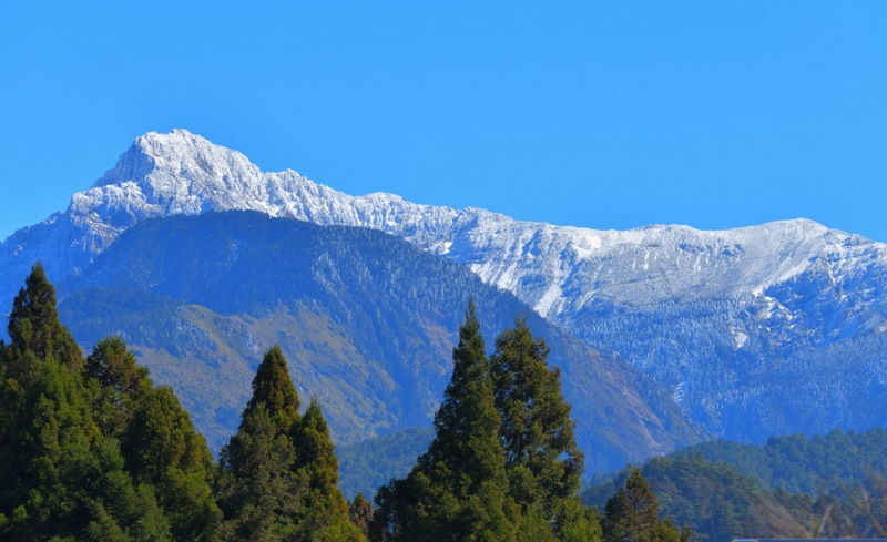 阿里山國家森林遊樂區小笠原山觀景平台，具有360度環景視野，近日可遠眺玉山白頭雪景、還能俯視南投縣信義鄉山景。（黃源明提供） (圖：中央社)