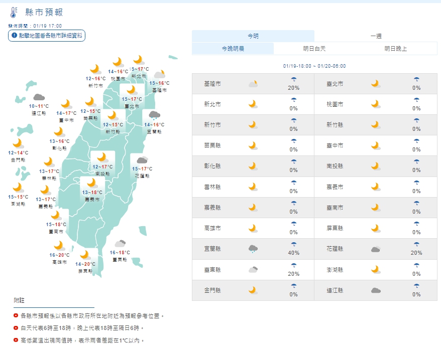 今晚明晨縣市預報。(中央氣象局提供)