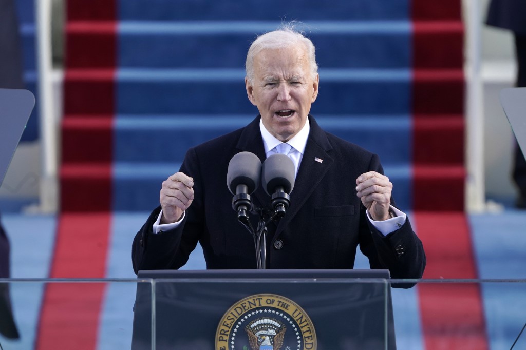 拜登(Joe Biden)20日宣誓就任美國第46任總統後發表演說。 (AFP)