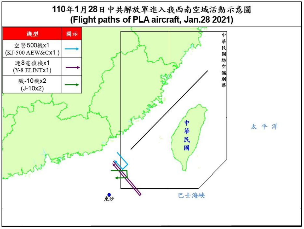 空軍28日發布共機動態，共軍1架空警500空中預警機、1架運8電偵機、2架殲10戰機侵犯台灣西南防空識別區。(圖：國防部)