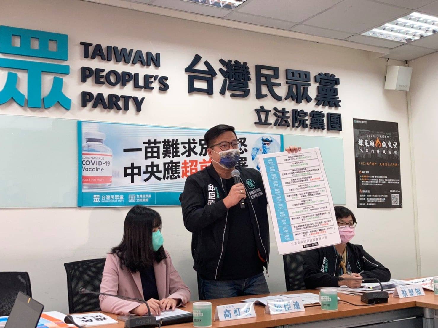 台灣民眾黨立院黨團今天(3日)質疑疫苗採購過程缺乏公開透明，不僅引來外界疑慮，也對疫苗的公信力產生傷害，呼籲政府應公開透明地說明疫苗進度的相關資訊（劉玉秋攝）