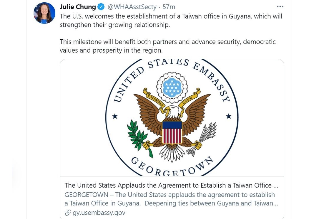 台灣蓋亞那設辦公室，美國務院代理助卿鍾茱莉(Julie Chung) 推文表示，有助區域安全繁榮。 (圖:推特)