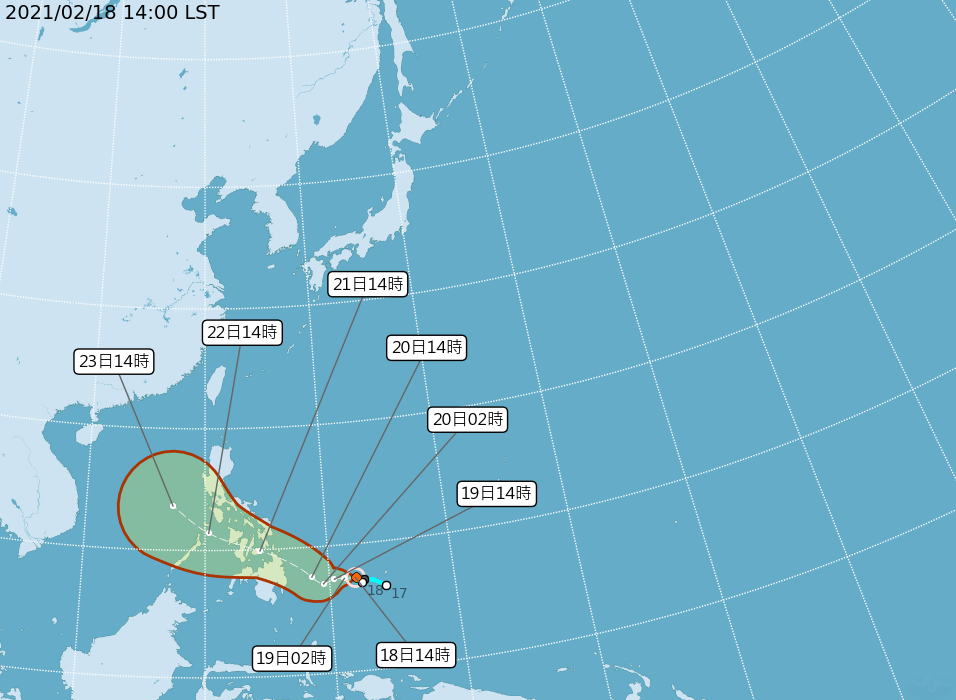中央氣象局18日發布輕度颱風杜鵑生成訊息，預測其將通過菲律賓往南海移動。(圖：中央氣象局)