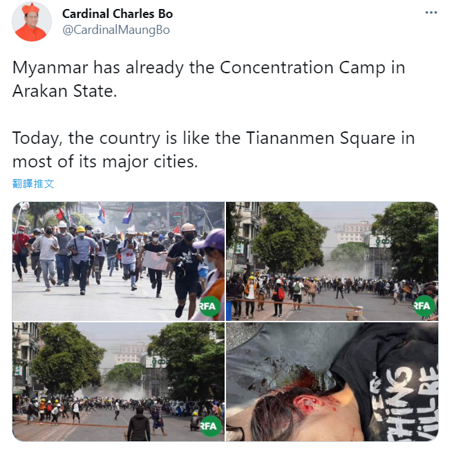 緬甸樞機主教薄茂恩在推特上寫道，「這個國家(緬甸)的多數大城市就像天安門廣場。」(圖：薄茂恩推特)