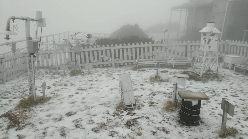 玉山氣象站13日下午1時25分開始降雪粒，大地染成銀白世界。（中央氣象局提供/CNA)
