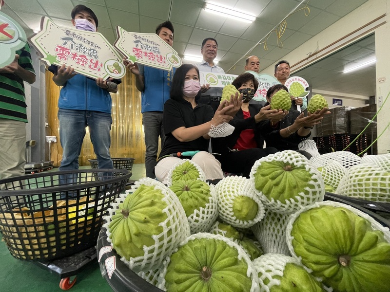 台東鳳梨釋迦主要市場在中國，為分散風險，台東地區農會積極擴展市場，17日首批鳳梨釋迦運送杜拜，台東縣長饒慶鈴（前排中）等人前往送行。 (圖：中央社)