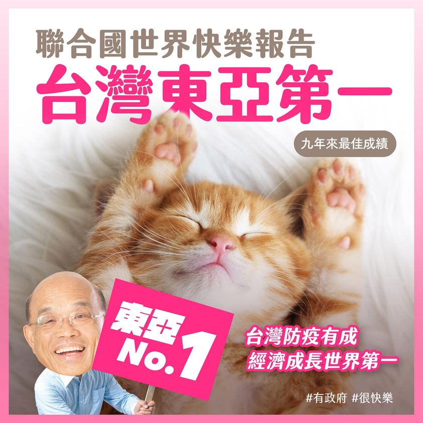 台灣蟬聯東亞最快樂國家；行政院長蘇貞昌20日透過臉書分享貓咪照片說，「這張圖一定會帶給你快樂」。(圖：蘇貞昌院長臉書)