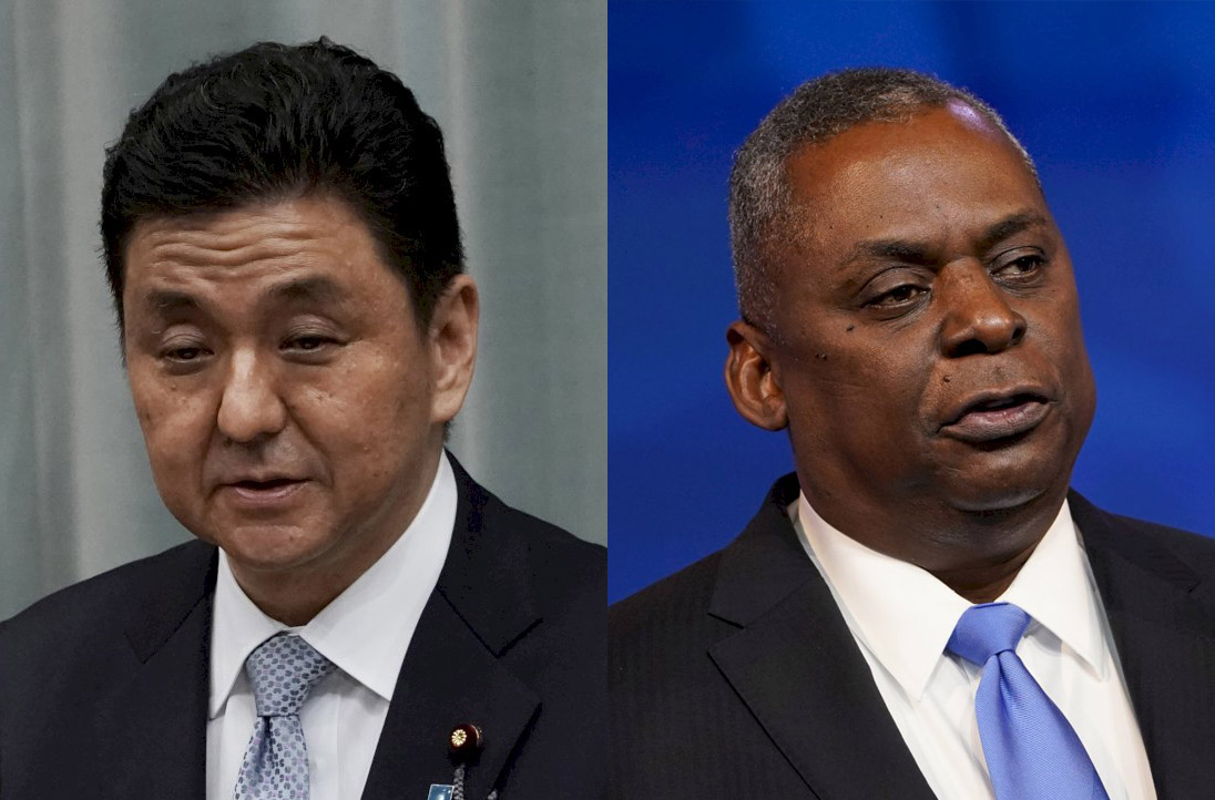 美國國防部長奧斯汀(右)在16日和日本防衛大臣岸信夫(左)會談中，提出台灣海峽問題。(合成資料照 / 美聯社 / 達志影像)