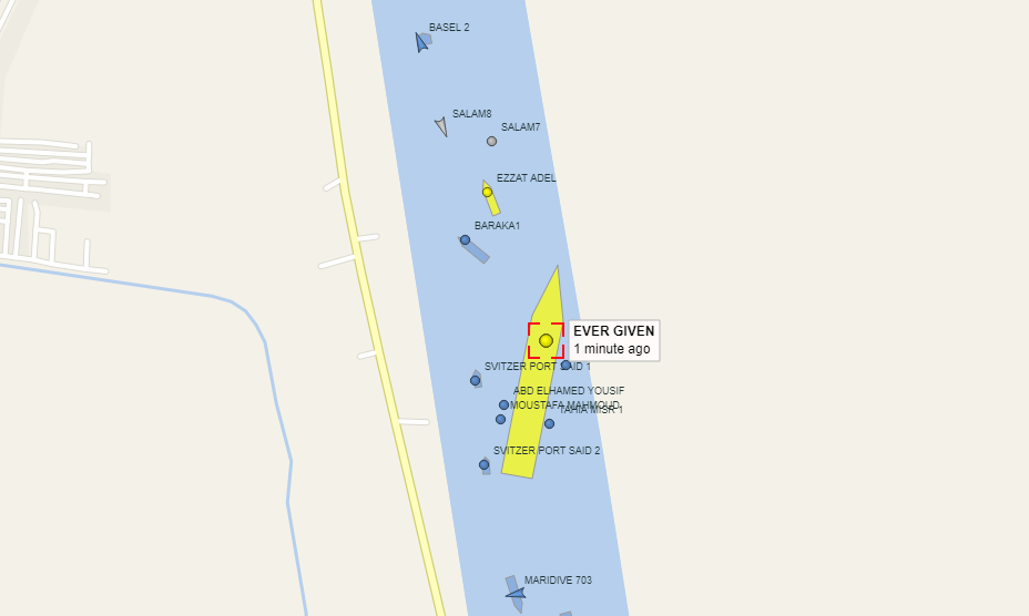 船舶資訊系統顯示，長榮長賜輪已有些許擺正。(圖:vesselfinder.com)