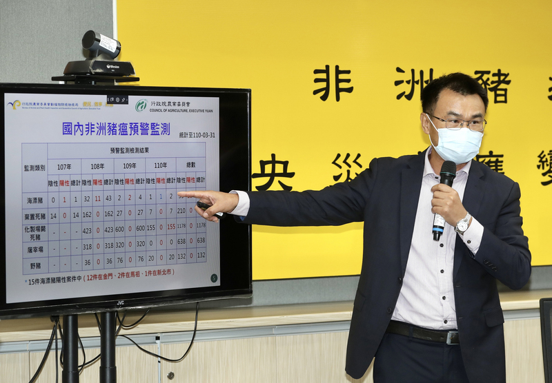 農委會主委陳吉仲6日上午在防檢局召開記者會宣布，新北市萬里區發現海漂死豬，檢驗出非洲豬瘟病毒陽性，已協同新北市政府進行防疫措施。 (圖：中央社)