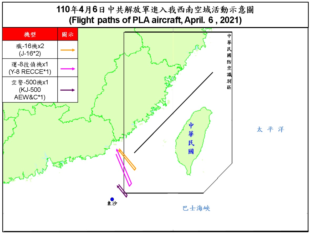 空軍6日發布共機動態，共軍1架空警500、2架殲-16及1架運-8技偵機侵犯台灣西南防空識別區。(圖：國防部)