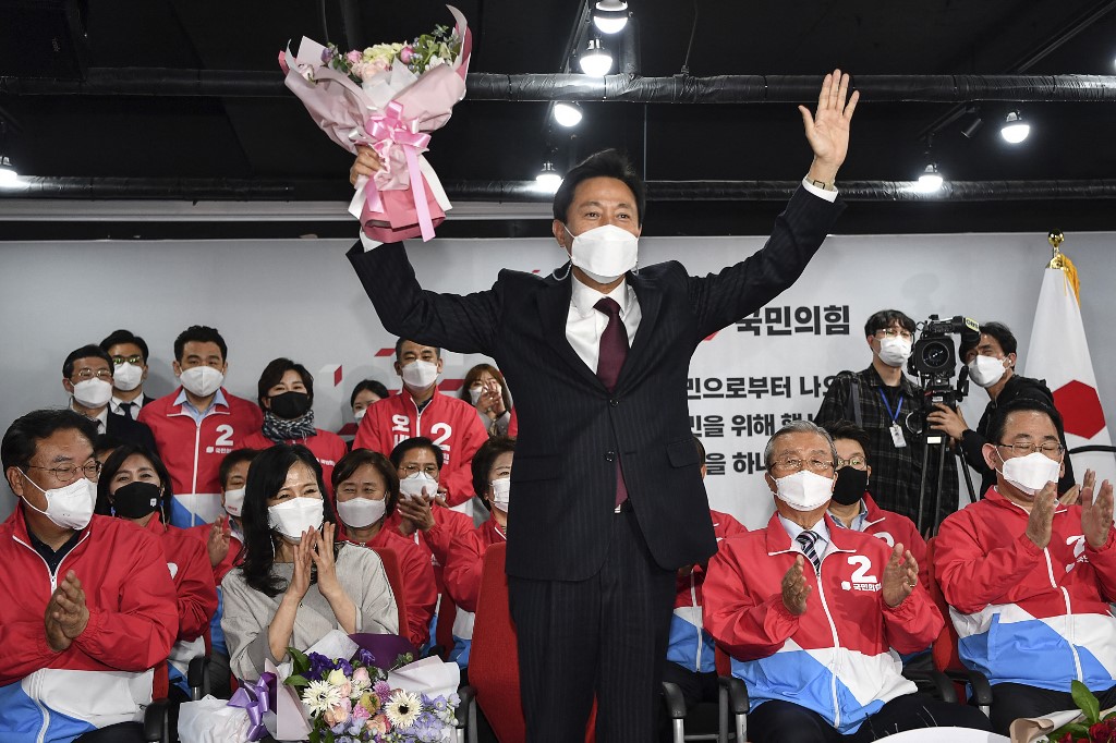 南韓在野的國民力量黨候選人吳世勳以57.5%的得票率贏得首爾的市長補選。(AFP)