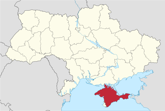 克里米亞（紅色）在烏克蘭（白色）中的位置。(TUBS, CC BY-SA 3.0, Wikimedia Commons)