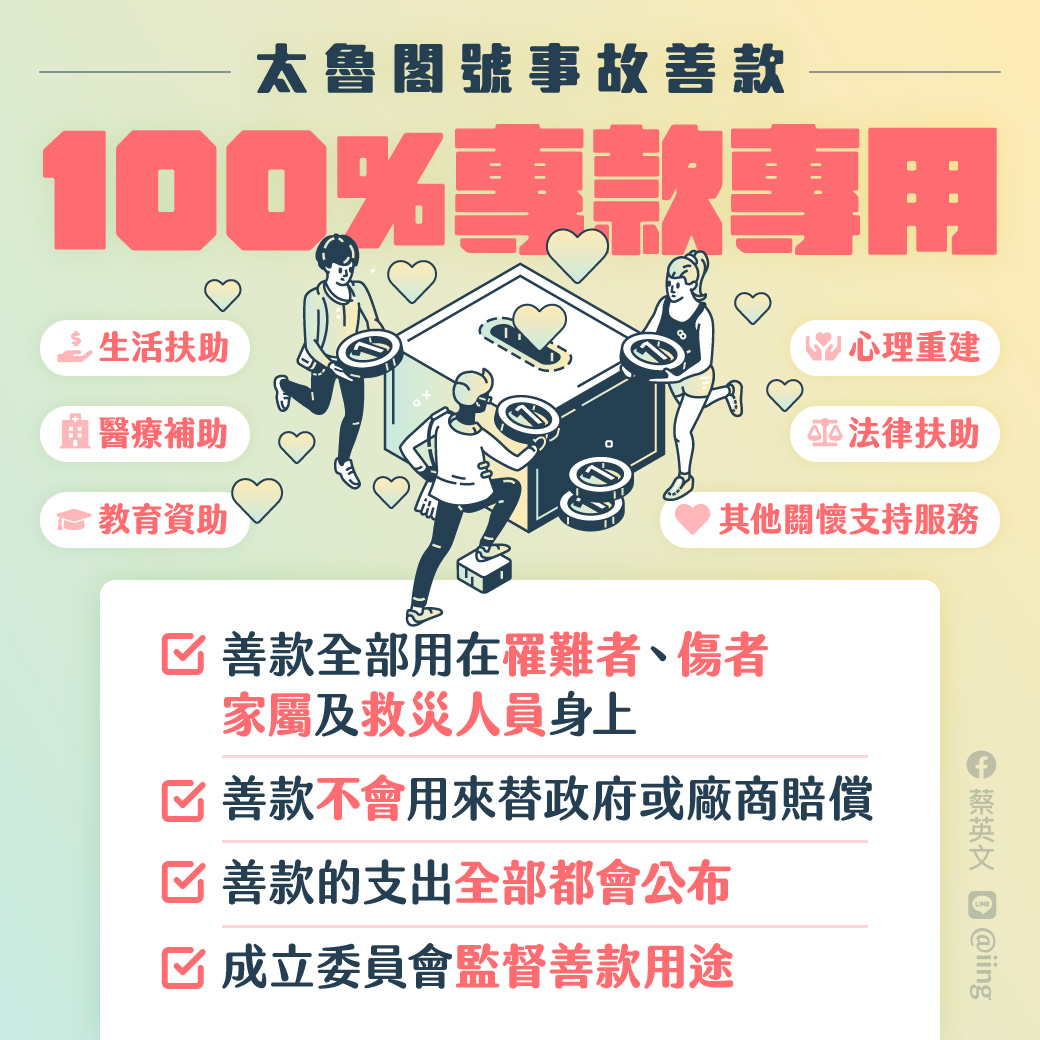台鐵太魯閣號事故的民間善款，是來自社會各界的善心，將會100%專款專用。(蔡英文臉書)