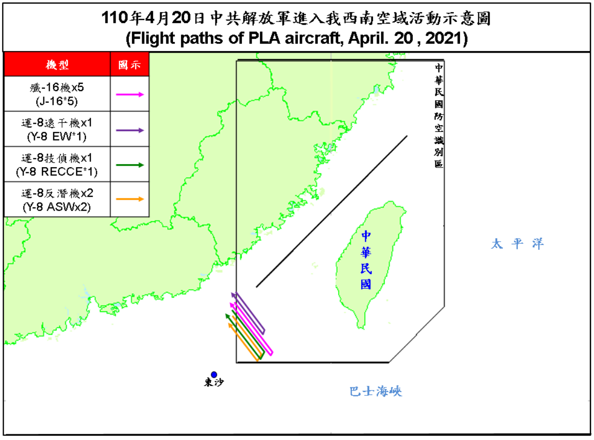 空軍20日發布共機動態，共9架共機(包括5架殲16戰機、1架運8遠干機、1架運8 技偵機、2架運8反潛機)侵擾台灣西南防空識別區。(圖：國防部)