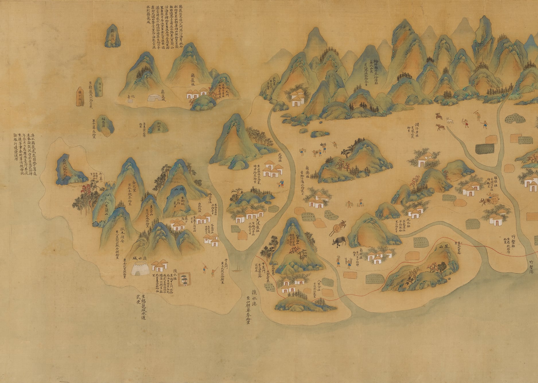 17、18世紀康熙中期繪製的「康熙台灣輿圖」(局部)，可看到台灣西部由南到北的自然及人文景觀，特別是原住民形象與風俗的展現。(國立台灣博物館典藏／故宮提供)