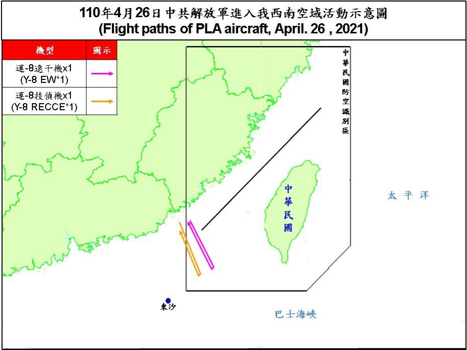 空軍26日發布的共機動態，1架運8遠干機、1架運8技偵機上午侵擾台灣西南防空識別區(ADIZ)。(圖:國防部)