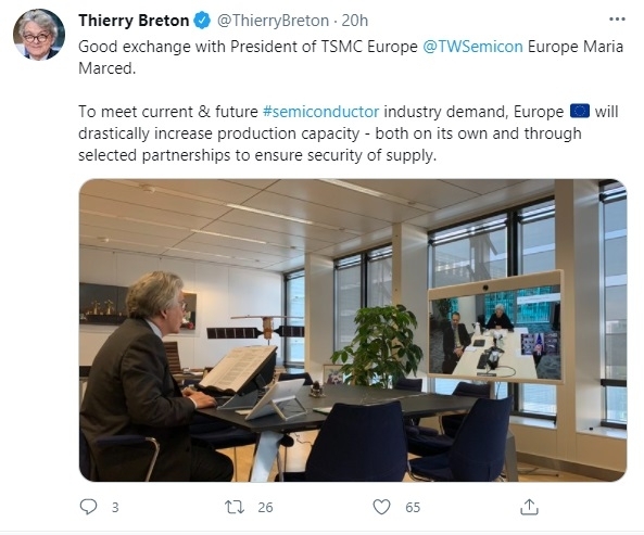 積極打造歐洲半導體聯盟的歐盟執行委員布勒東（Thierry Breton），透過視訊會議與台積電歐洲子公司總經理默塞德（Maria Marced）交換意見、(推特)